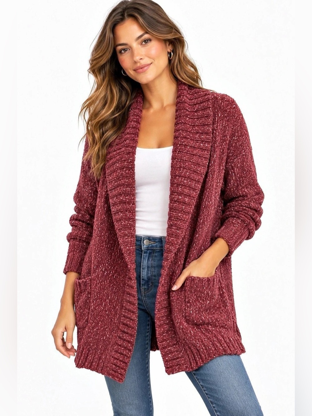 Eddie Bauer XL Chenille Shawl Collar Cardigan Pockets Burgundy